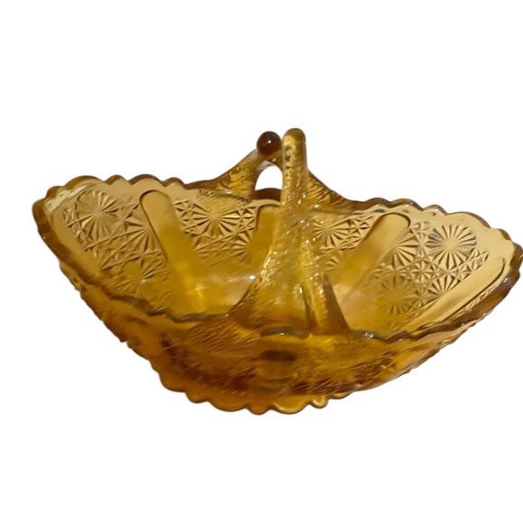 Vintage Fenton Honey Amber Daisy Button Glass Basket with Split Twig Handle MCM - Picture 4 of 8